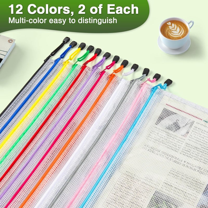 Umriox 24 Pack 12 Colors Zipper Pouches for Organizing, A3 Size (16.9 x 12.4), Big Mesh Bags, Zipper Bags for Puzzles & Board Game Storage, Office Supplies Travel Toiletries - Image 3